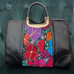 Borssa Mexico Leather Shoulder Bag Floral Embroidered Purse EUC